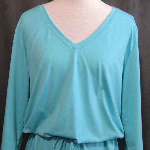 Soft Surroundings Aqua Blue Mini Dress Size L Drawstring Waist 3/4 Sleeve Womens - Picture 2 of 10